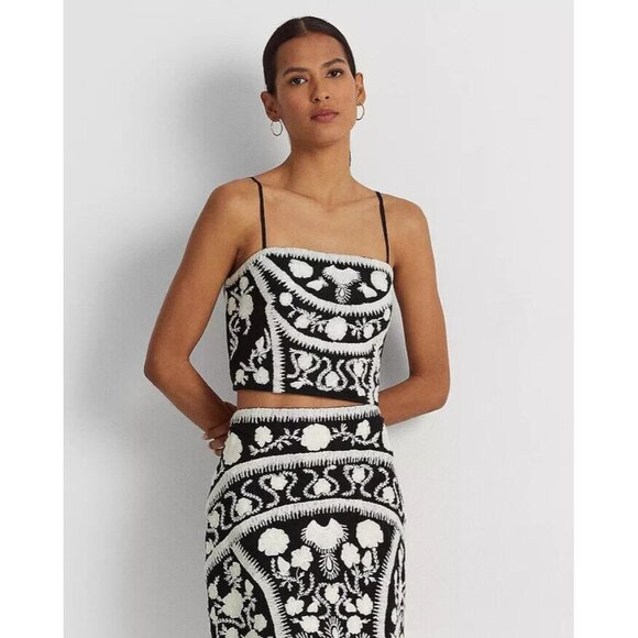 Lauren Ralph Lauren Womens Embroidered Cropped Sl Black white Black Size 16 $195